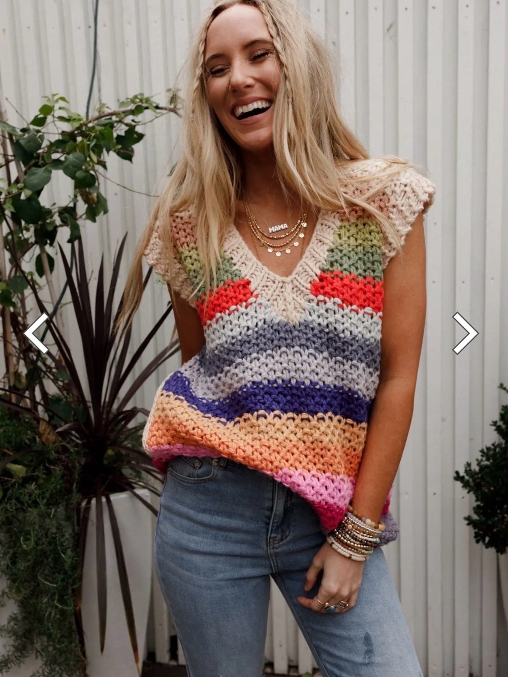 Three Bird Nest Women’s Sweater Vest Multi Striped Crochet Knit V-Neck Size M